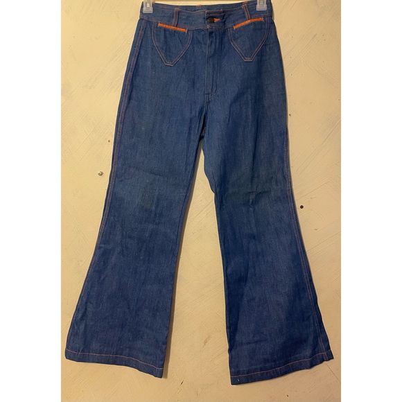 Vintage 70’s Bell Bottom Bellbottoms Flared Jeans Trimmed in Leather by BANG! BA - Picture 1 of 13